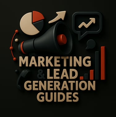 A 3D-rendered digital illustration shows “MARKETING & LEAD GENERATION GUIDES” with a megaphone, char