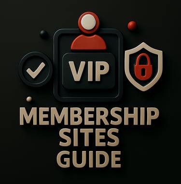 VIP badge, shield with padlock and checkmark icon above the text ‘Membership Sites Guide