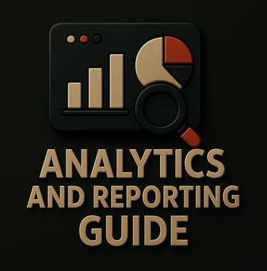 Dashboard with charts, pie graph and magnifying glass above the text ‘Analytics and Reporting Guide