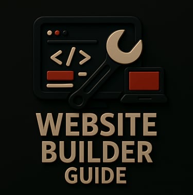 Monitor with code symbols and wrench icon above the text ‘Website Builder Guide