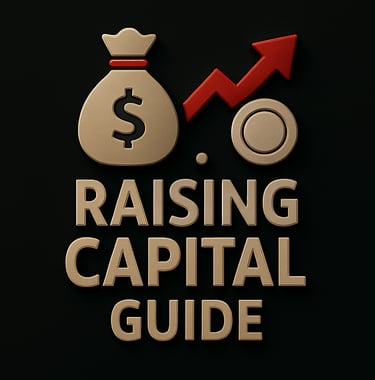 Money bag, upward arrow and coin icon above the text ‘Raising Capital Guide