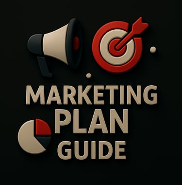 Megaphone, target with arrow and pie chart icons above the text ‘Marketing Plan Guide