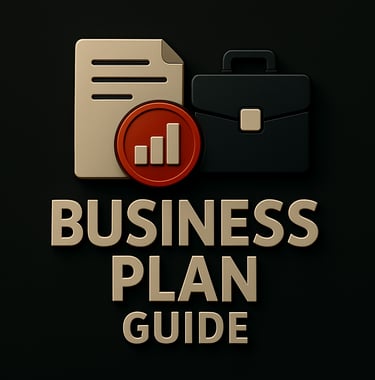 Paper document, bar chart badge and briefcase icons above the text ‘Business Plan Guide