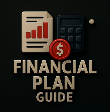 Document with bar chart, calculator and dollar coin icons above the text ‘Financial Plan Guide