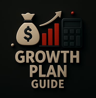 Money bag, bar chart with upward arrow and calculator icons above the text ‘Growth Plan Guide