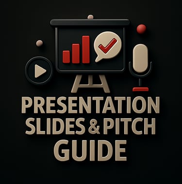 Presentation board with chart, checkmark speech bubble, play button and microphone icons above the t