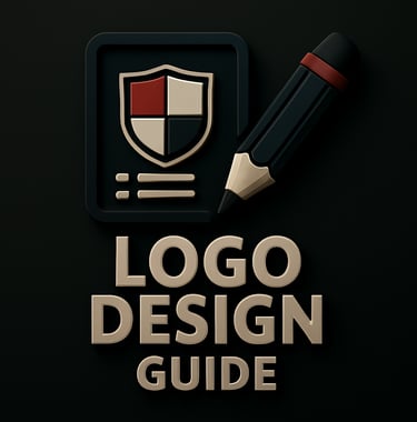 Shield on document and pencil icon above the text ‘Logo Design Guide
