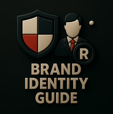 Shield icon, suited person, and registered trademark symbol above the text ‘Brand Identity Guide