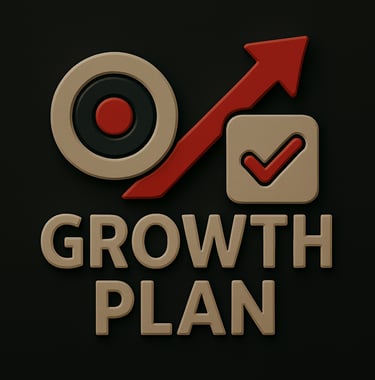 Target icon, upward arrow, and checkbox representing business growth planning and strategic goal set