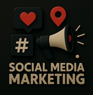 Graph icon, heart symbol, and hashtag representing strategic social media marketing and audience gro
