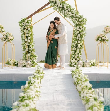 a bride and groom standing in front of a pool