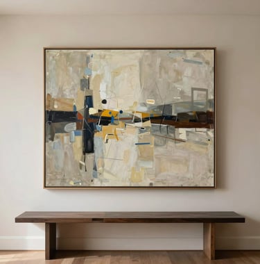 An editorial interior photograph of a sophisticated North American residence. A large-scale abstract realism painting by Dena Harris hangs on a warm ivory wall above a minimalist console. The lighting is soft and natural, emphasizing a high-end gallery feel.