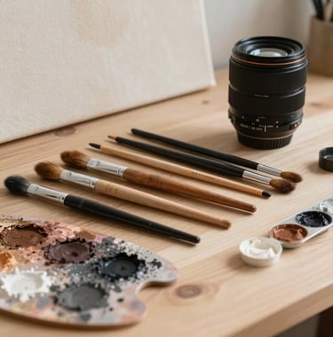 A professional studio photography shot of an artist's workspace in a North American city. High-quality brushes and a palette with muted earth tones and charcoal paint are arranged neatly on a clean wood surface, with a textured canvas visible in the background.