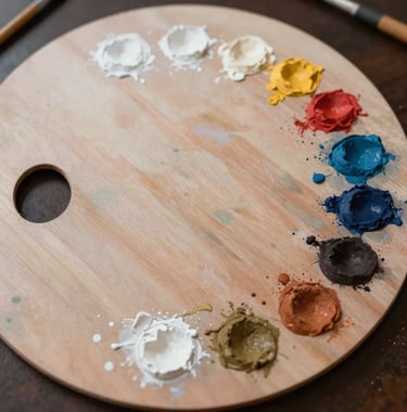 High-angle photography of an artist's palette with soft white, warm ivory, and muted earth tone paints, editorial style, North American / US.