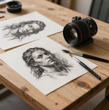 Elegant still life photography of charcoal sketches and fine art brushes on a warm ivory wooden table in a North American / US artist studio.