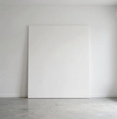 Minimalist photography of a completed canvas drying in a bright, white-walled North American / US studio space with ample white space.
