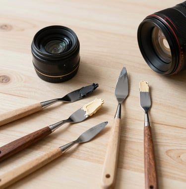 Professional flat lay photography of fine art materials: several palette knives with residual charcoal and warm ivory paint on a clean, light-colored wooden surface in a North American studio.