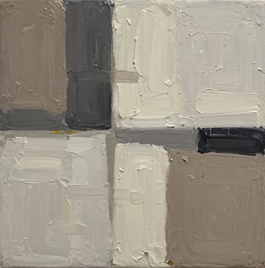 A high-detail macro photograph of the texture on a contemporary abstract oil painting. Visible impasto brushstrokes in charcoal, taupe, and ivory create a sophisticated architectural relief. Professional lighting highlights the artistic depth and quality.