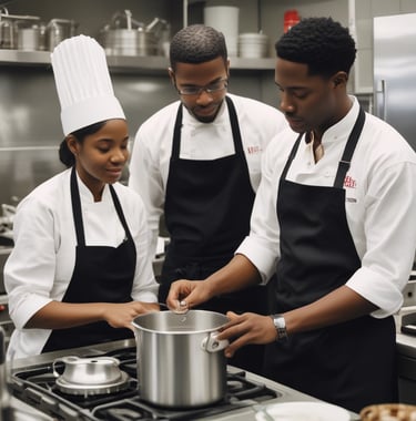 2 male culinary students with their female supervisor in the kitchen cooking at a gas stove