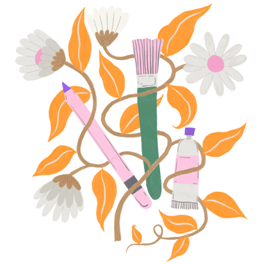 Illustration of pink pencil, green brush, paint, entwined in floral vines