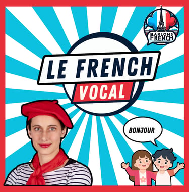 Woman in a red beret for Le French Vocal language lessons with children saying Bonjour.