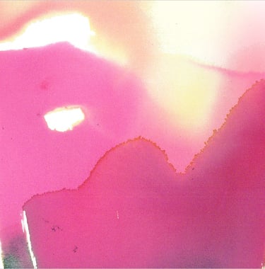 Yuge Kurt, fragment of watercolor painting in art gallery. Abstract red flowers. Calligraphy