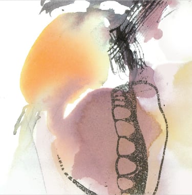 Yuge Kurt, fragment of watercolor painting in art gallery. Conceptual canvas. Earthy muted tones.