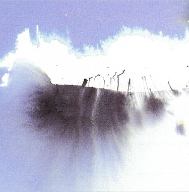 Yuge Kurt, fragment of watercolor painting in art gallery. Portrait. Light airy blue tones