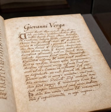 A close-up photograph of an original handwritten manuscript by Giovanni Verga, with delicate ink script on aged off-white paper. The document is displayed under museum lighting in a gallery in Southern Europe, highlighting historical significance.