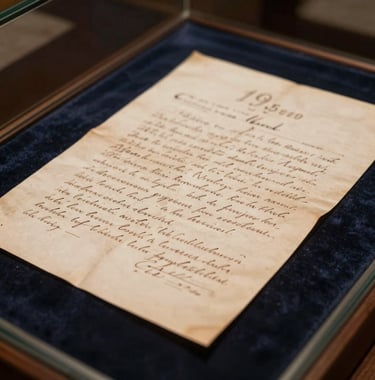 A detailed close-up photograph of a hand-written 19th-century letter on aged parchment paper. The ink is slightly faded, and the paper rests on a dark navy velvet display within a glass museum case. Soft, warm lighting.