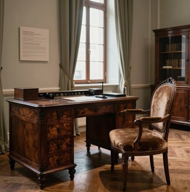 A detailed interior photograph of a museum room featuring 19th-century period furniture, including a dark wood desk and a muted brown velvet chair. The room is filled with soft, natural Southern European light, emphasizing a timeless and educational atmosphere.