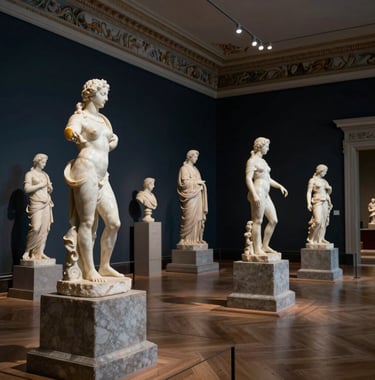 A wide interior shot of a sophisticated museum gallery. Dark navy walls contrast with pearl white marble sculptures from the 19th century. The lighting is focused and dramatic, highlighting the textures of the stone and the refined Italian architecture.