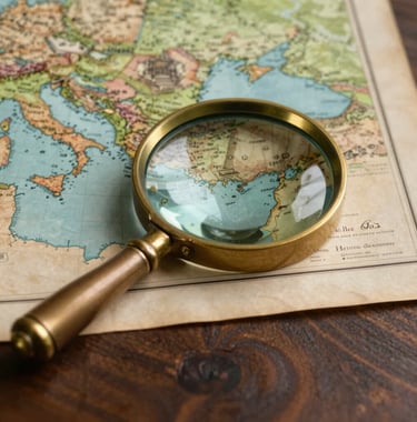 A close-up photograph of a vintage brass magnifying glass and an old map of Southern Europe resting on a dark wood desk. The lighting is warm and evocative, emphasizing the textures of the metal and the aged paper.