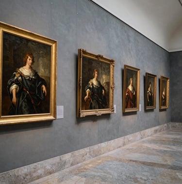 A vertical shot of a refined museum corridor with slate grey walls and polished stone floors. Classic oil paintings in muted gold frames are displayed elegantly, capturing the sophisticated and authoritative mood of the Verghiano Museum in Southern Europe.