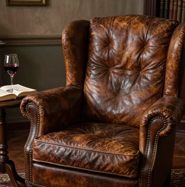 A portrait-style shot of an old leather armchair and a small side table holding a glass of wine and an open book, set in a dimly lit, authentic Italian study.