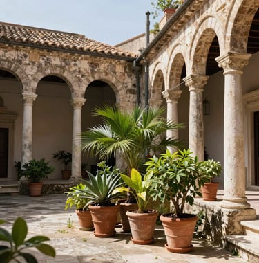 Outdoor photography of a classic Sicilian courtyard with terracotta pots, vibrant green plants, and ancient stone pillars under a clear sky.