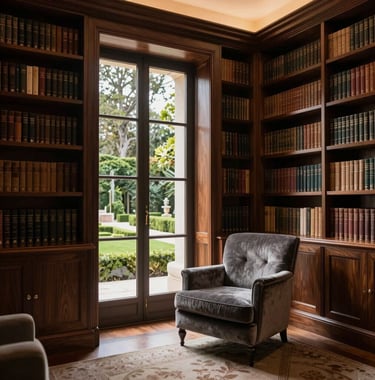An interior shot of a private luxury library in Lisbon, featuring floor-to-ceiling dark wood shelving, a velvet armchair in slate grey, and a glimpse of a manicured Mediterranean garden through a tall window. The lighting is warm and inviting, embodying authoritative quiet luxury.