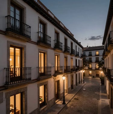 A sophisticated view of a wrought-iron balcony overlooking a quiet, upscale street in Madrid at dusk. Warm interior light spills out, contrasted with a deep navy and slate grey sky. The atmosphere is professional, exclusive, and serene.