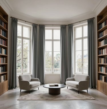 A photography shot of an elegant private library in a Lisbon estate, featuring tall windows with slate grey drapes and minimalist furniture. Generous white space and professional lighting. European High-Net-Worth ambiance.