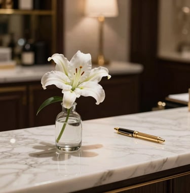 A close-up of a high-end luxury concierge desk in an Italian boutique hotel, featuring a simple vase with a single white lily and a champagne gold pen. Quiet luxury, minimalist composition. European High-Net-Worth setting.