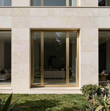A minimalist architectural detail of a luxury villa in Madrid, featuring clean stone lines, champagne gold window frames, and a manicured Mediterranean garden. High-contrast photography, bright and airy. European High-Net-Worth style.
