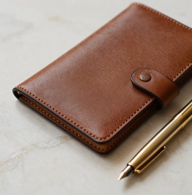 A close-up photograph of a bespoke leather travel folio and a gold fountain pen resting on a cream marble surface. The lighting is soft and natural, emphasizing the rich textures and minimalist luxury aesthetic appropriate for a European high-net-worth individual.
