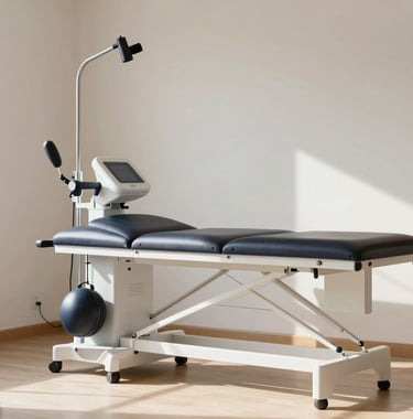 Clean, sharp photograph of high-end physiotherapy equipment in a serene room with off-white walls and wooden details, Southern European sunlight.