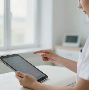 Close-up photography of a professional consultation in a Mallorcan clinic, focusing on a physiotherapist explaining a treatment plan with a tablet, light coming from large windows.