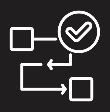 White line icon showing a workflow process with boxes, arrows, and a checkmark on a black background.