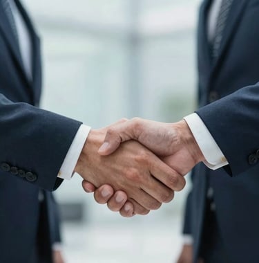 Close-up of a professional handshake between two people in business attire, set in a bright South American corporate setting. The background is blurred, focusing on the firm grip that conveys trust and agreement. Colors emphasize mist blue and deep navy.