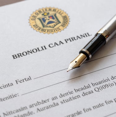 Detailed photograph of a Brazilian legal document with an official stamp and a fountain pen resting on it. The paper texture is visible, and the composition is elegant and symmetrical, suggesting order and meticulous attention to detail.