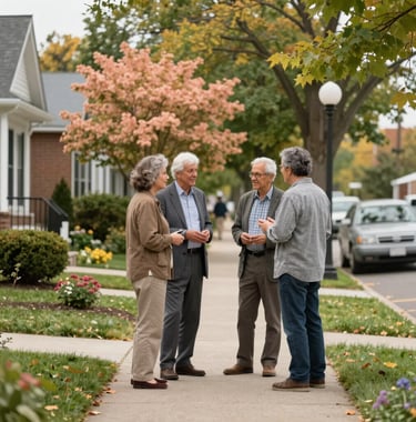 A high-quality photo of a group of neighbors chatting warmly on a sidewalk in a well-maintained Michigan neighborhood. They are surrounded by seasonal foliage in shades of green and peach. North American / Michigan US.