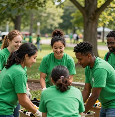 A group of diverse volunteers in bright forest green shirts working together on a community project in a bright Michigan park. Professional photography, natural light, joyful atmosphere. North American / Michigan US.
