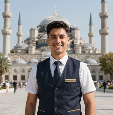 A smiling professional tour guide standing in front of a famous historic landmark in the Middle East / Turkey, wearing a professional uniform.